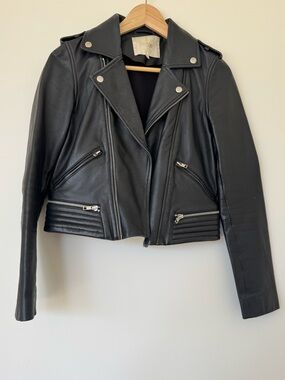 Maje Black Lambskin Leather Cropped Moto Jacket